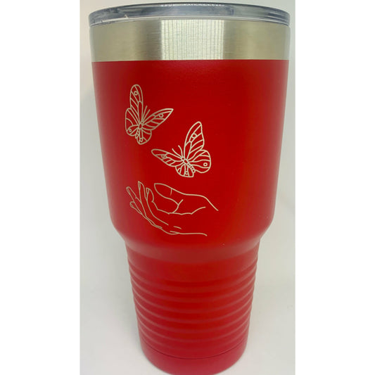 (A1-Boho 30oz) Butterfly / Hand - Red Ringneck Vacuum Insulated Tumbler w/Lid & Silver Ring