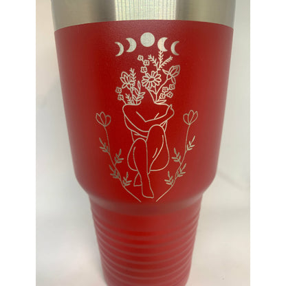 (A1-Boho 30oz) Woman / Flowers - Red Ringneck Vacuum Insulated Tumbler w/Lid & Silver Ring